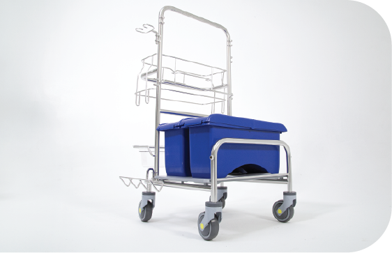 Saturix stainless steel cleaning cart with charging bucket side front view alternate picture