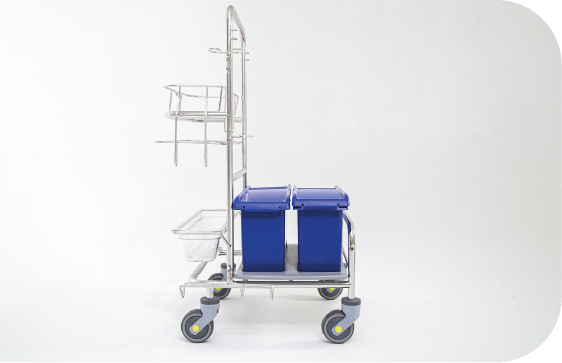 Saturix stainless steel cleaning cart with charging bucket side view