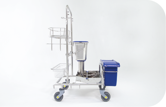 Side view of Saturix Cleaning Cart with Hands-Free Mop Drop System and our Precision Dosing System