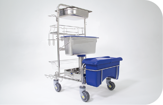 Front side view of Saturix Cleaning Cart with Hands-Free Mop Drop System and our Precision Dosing System