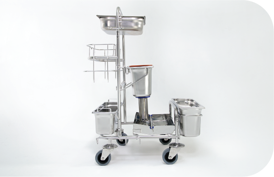 Side view of the Saturix stainless steel cart with precision dosing system with auto-clavable capabilities