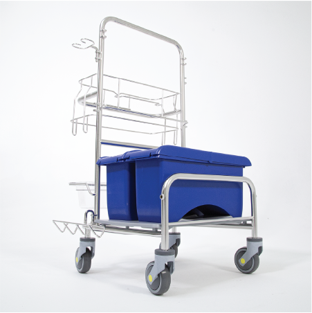 Saturix stainless steel cleaning cart with charging bucket side front view